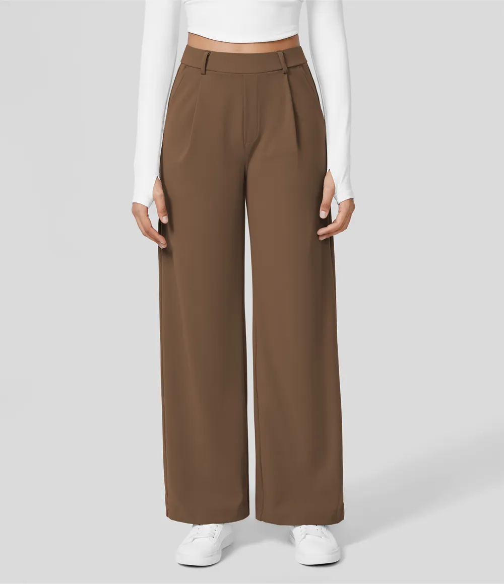 2026🔥  High Waisted Plicated Side Pocket Straight Leg Work Pants