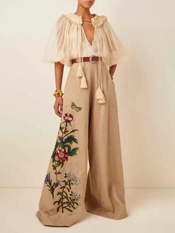 Layered High Waisted Loose Belted Flower Print Pockets Pants Trousers