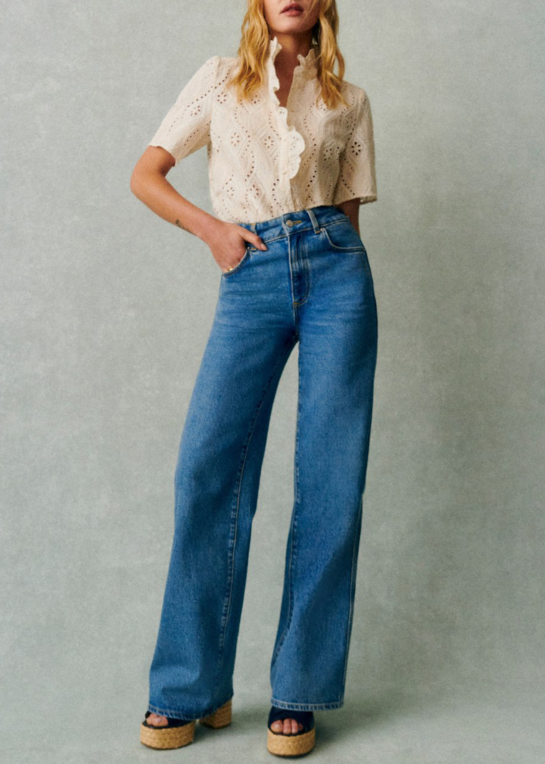 High-Rise Straight-Leg Solid Cotton Jeans