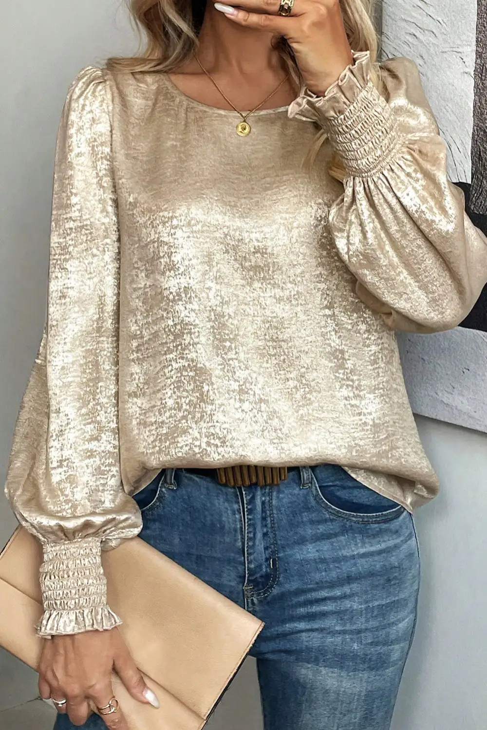 Women's Round Neck Long Sleeve Smocked Top