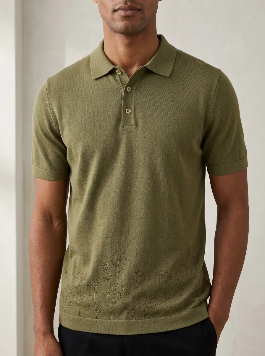 Casual Leaf-Pattern Embroidered Men's Polo Shirt