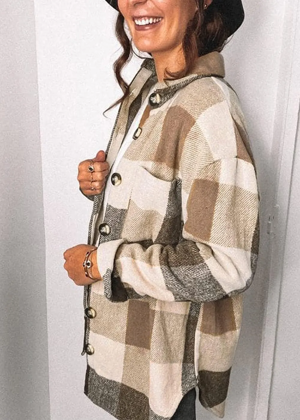Women's 2023 Fall Clothes Plaid Shacket Jacket Long Sleeve Button Down Flannel Shirts Fashion Blouse