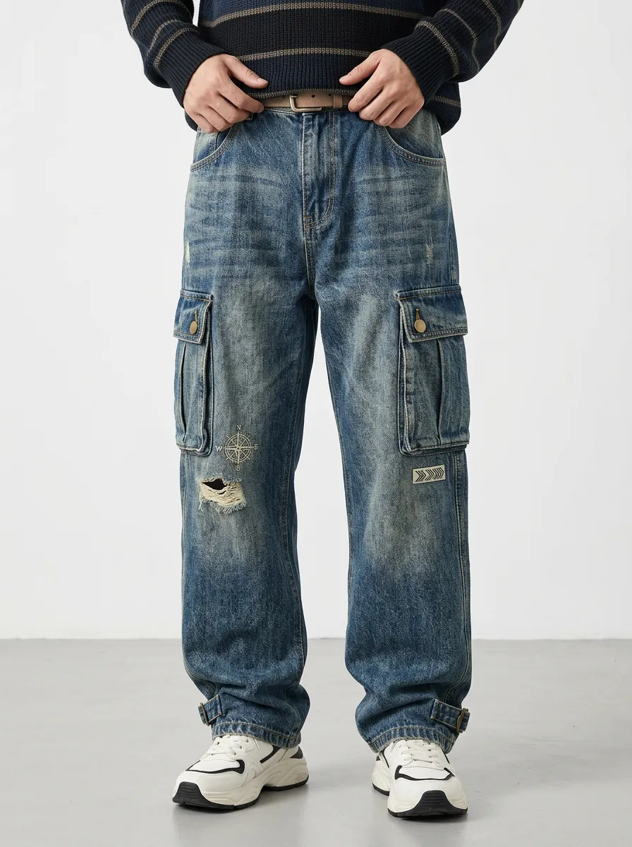 Men's Vintage Compass Distressed Printed Cargo Jeans