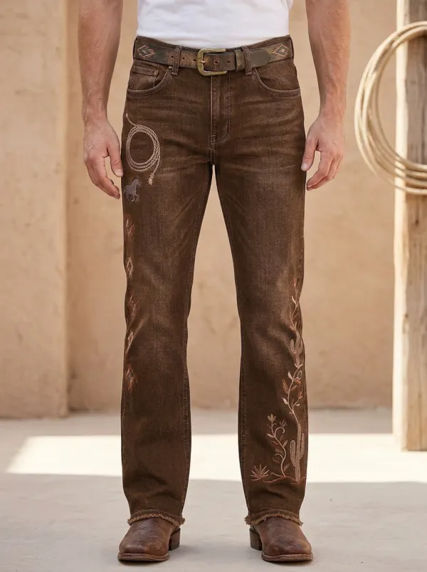 Men's Western Cowboy Lasso Cactus Embroidered Jeans