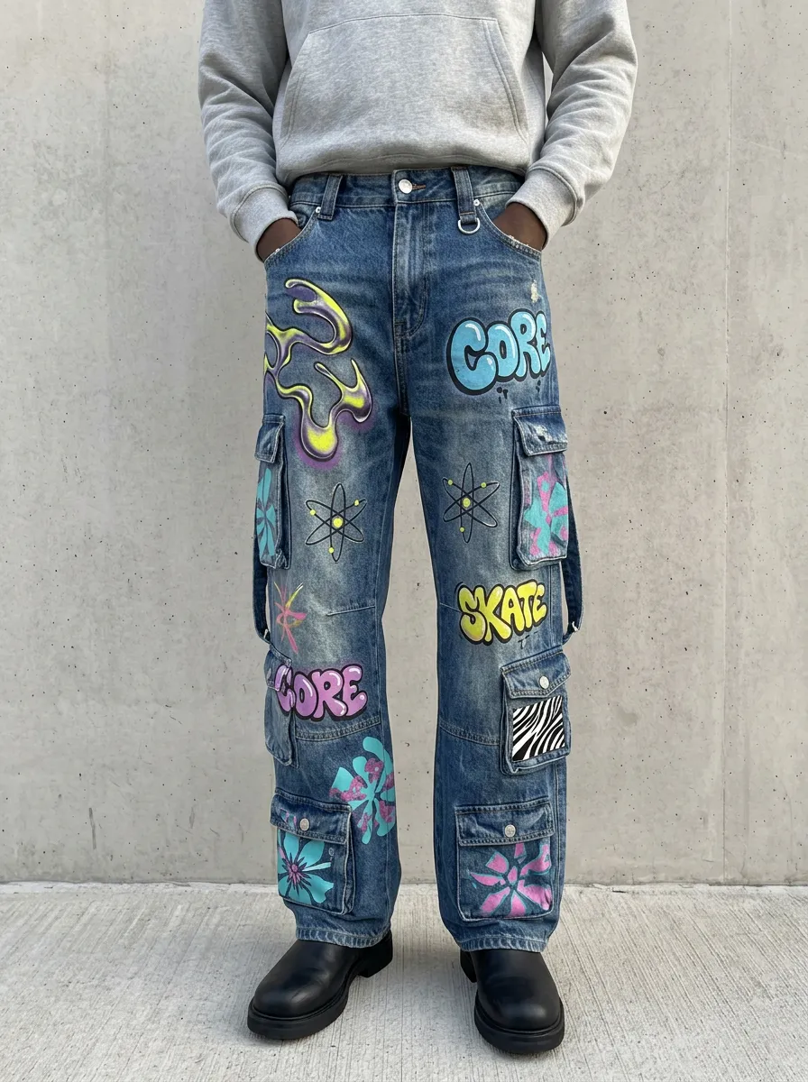Men's Streetwear Core Skate Graffiti Graphic Cargo Jeans
