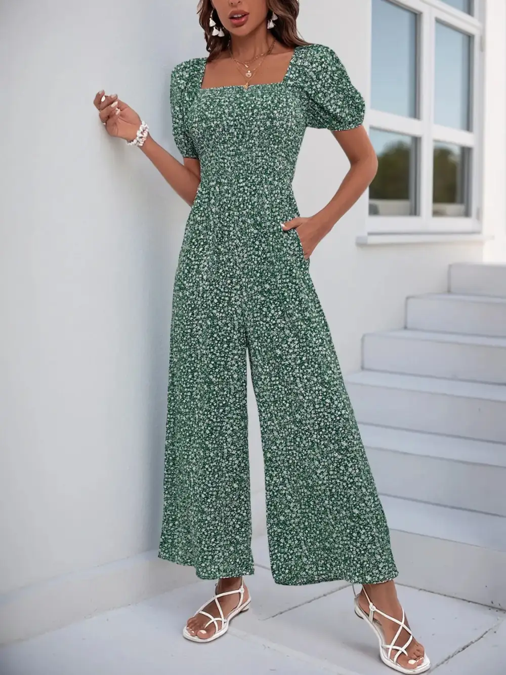 Printed Square Neck Puff Sleeve Everyday Jumpsuit
