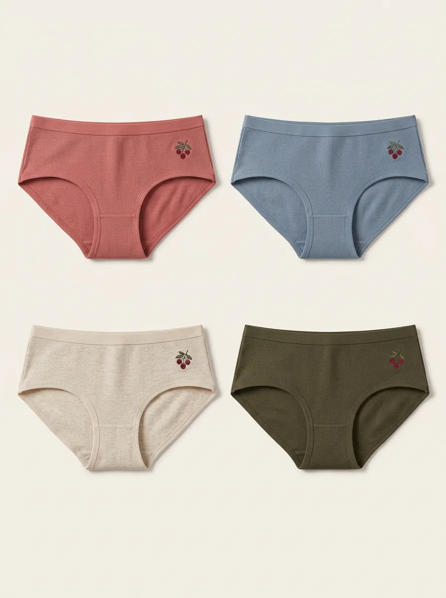 Women's 4-Pack Cherry Embroidered Ribbed Mid-Rise Briefs