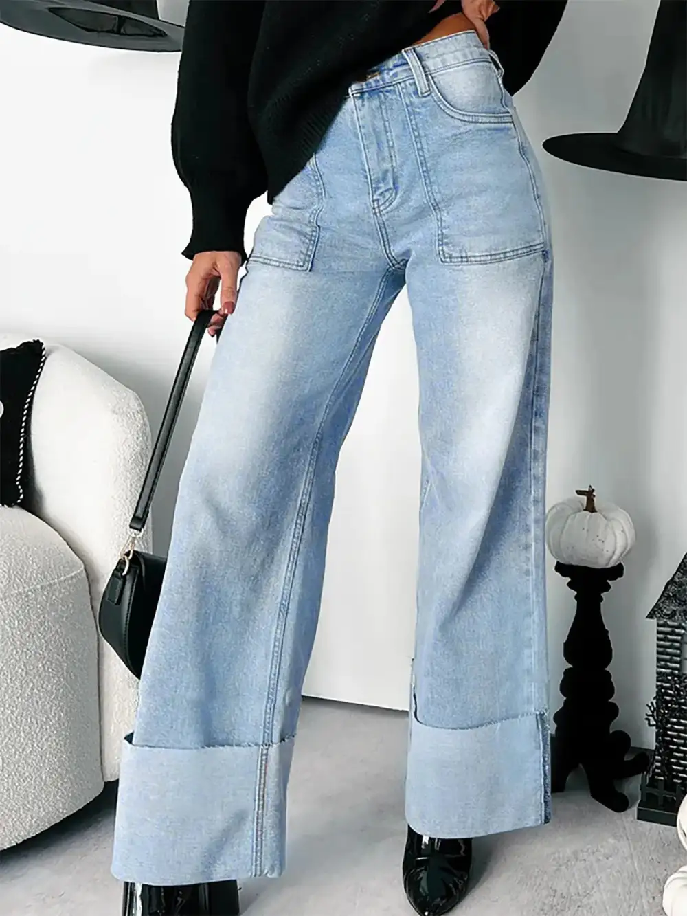 Versatile High Waist Wide Leg Cuffed Denim Jeans