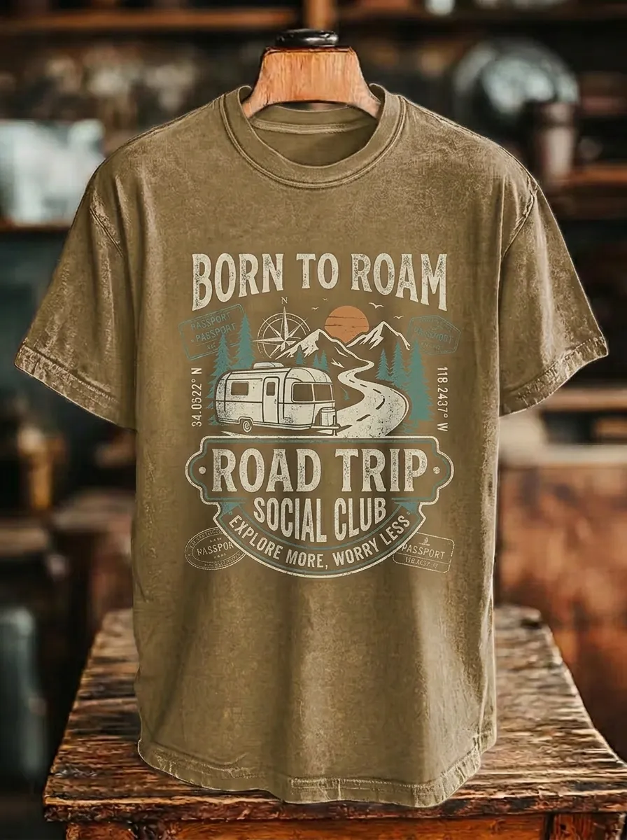 Unisex Road Trip Camper Born To Roam Printed T-shirt