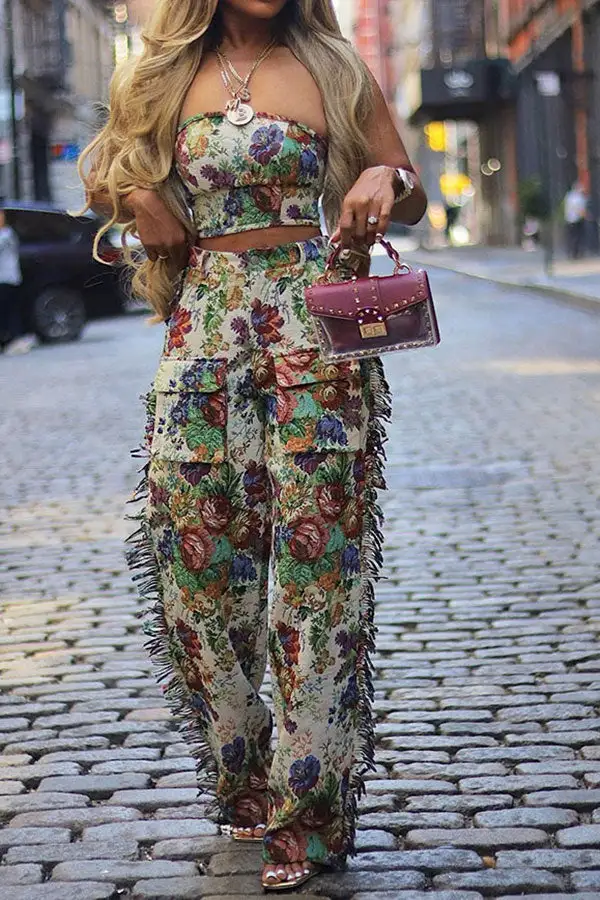 Floral Print Tassel Pocket Pant Set