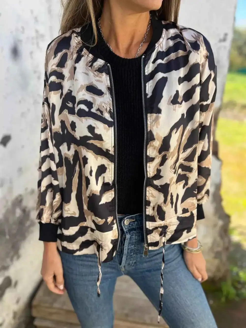 Plus Size Zip-Up Zebra Printed Bomber Jacket