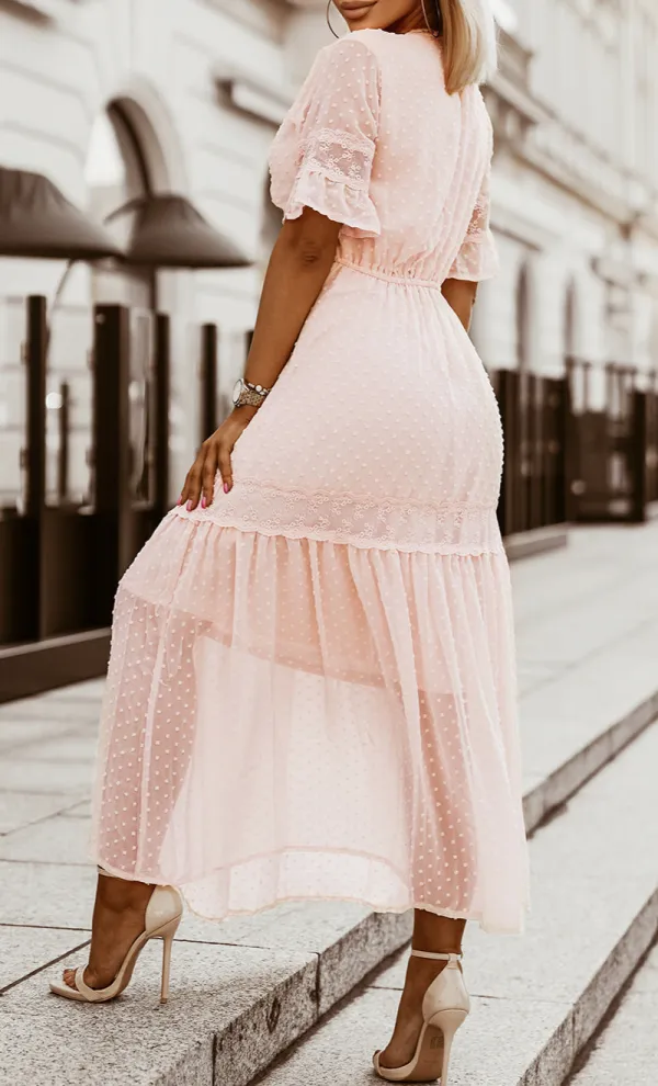 Swiss Dot Lace Trim Maxi Dress