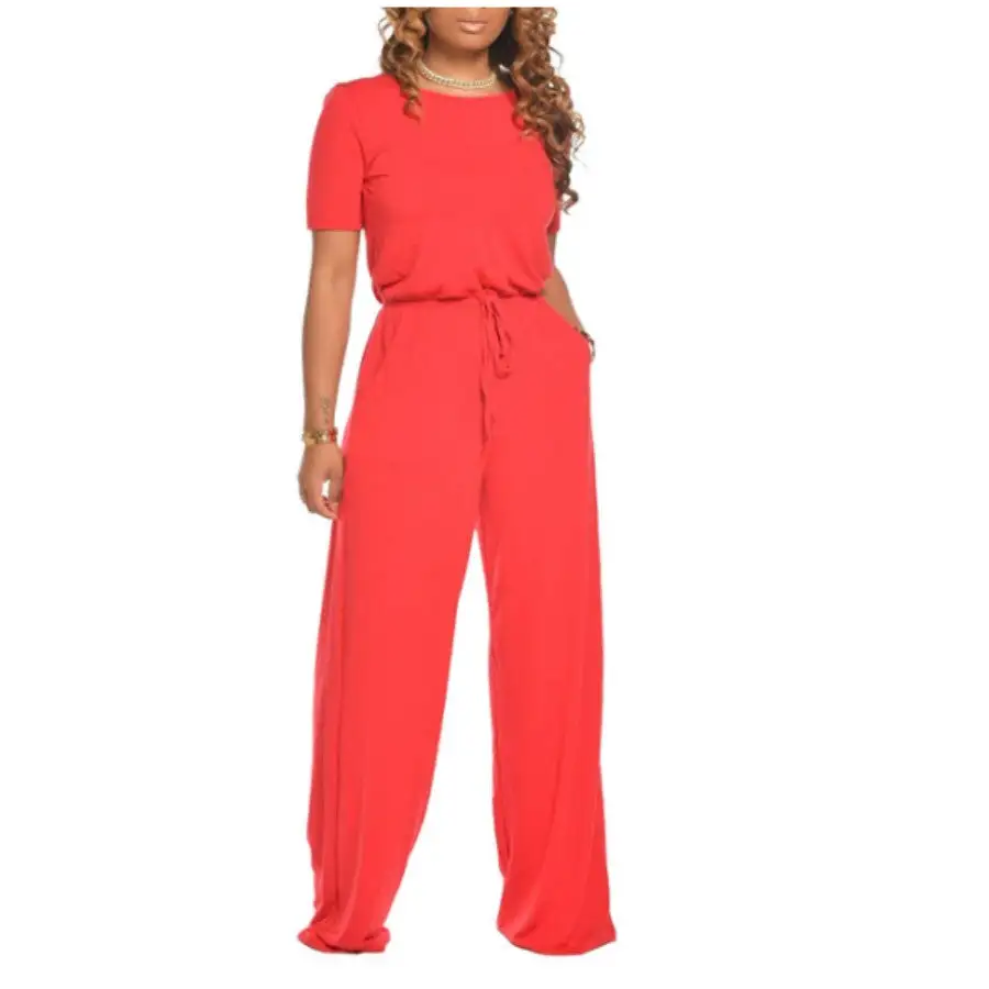Short Sleeve Wide-leg Jumpsuit with Drawstring Waist