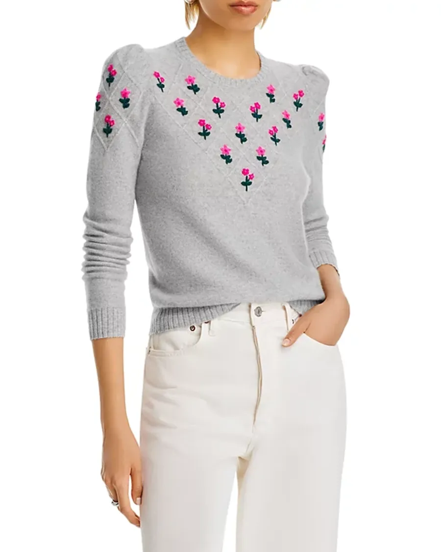 Puff Sleeve Embroidered Floral Cashmere Sweater
