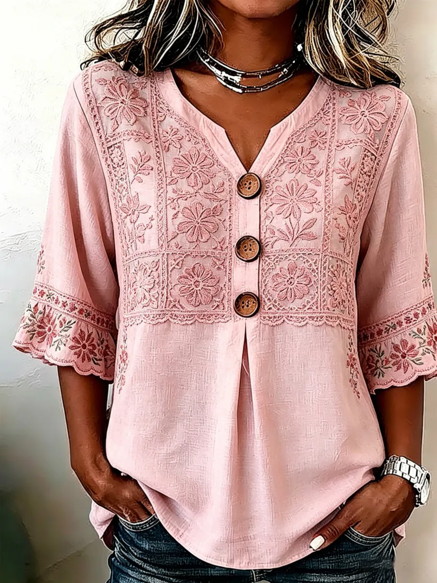 Vintage Floral Embroidery Design Women's Linen Shirt