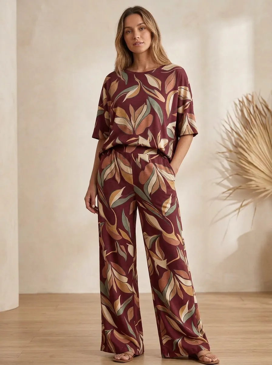 Women's Relaxed Leaf Print Top And Wide-Leg Trouser Two-Piece Set