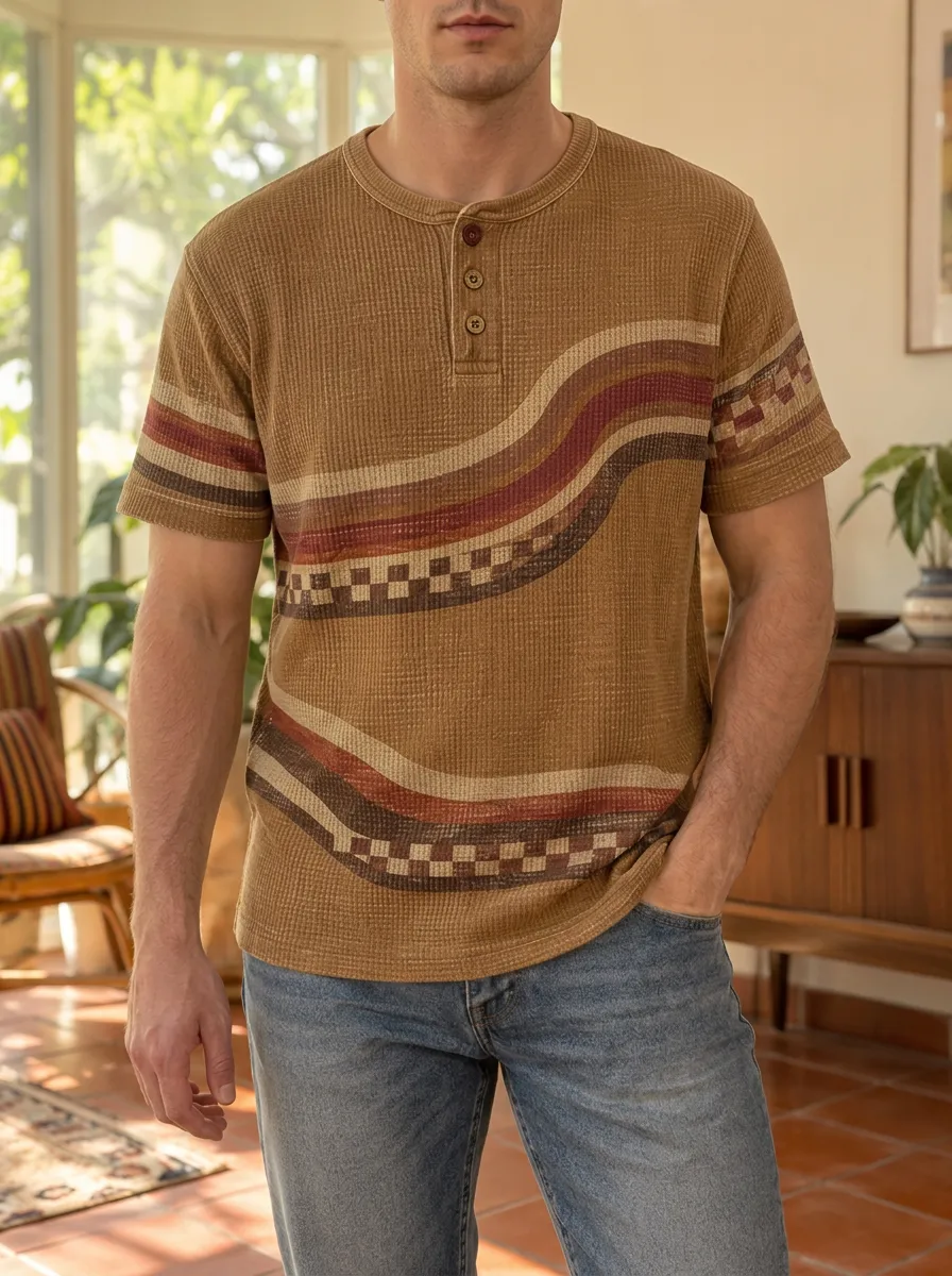 Men's Modern Vintage Waffle Knit Striped Checkerboard Henley T-Shirt