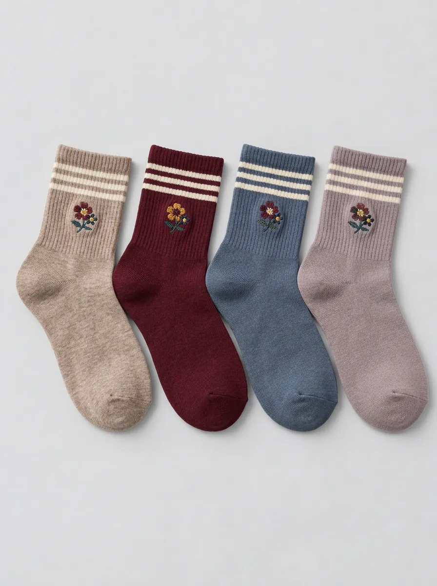 Women's Vintage Floral Striped Embroidered Crew Socks 4-Pack