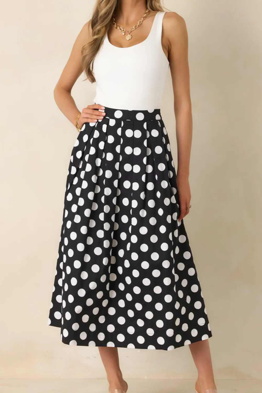 Polka Dot Cotton Pleated Maxi Skirt
