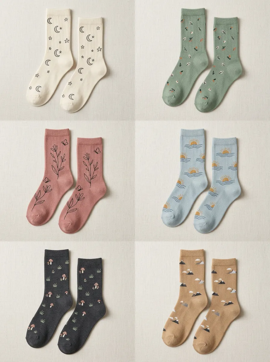 Women's Nature-Inspired Celestial Floral Ribbed Crew Sock Set