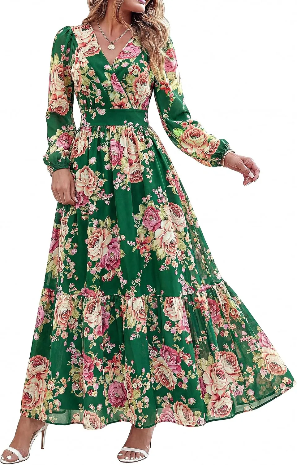 dowerme Women Fall Long Sleeve Wrap V Neck Floral Belted Boho Maxi Dress