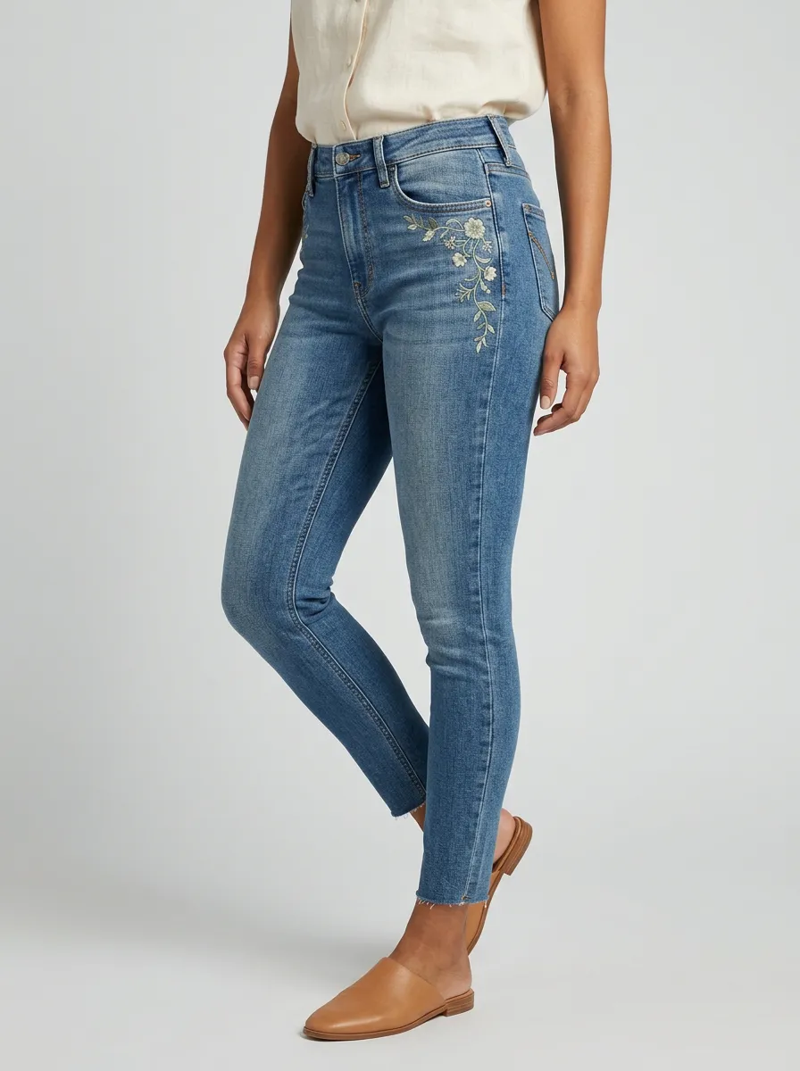 Women's Floral Embroidery High-Rise Printed Slim Jeans