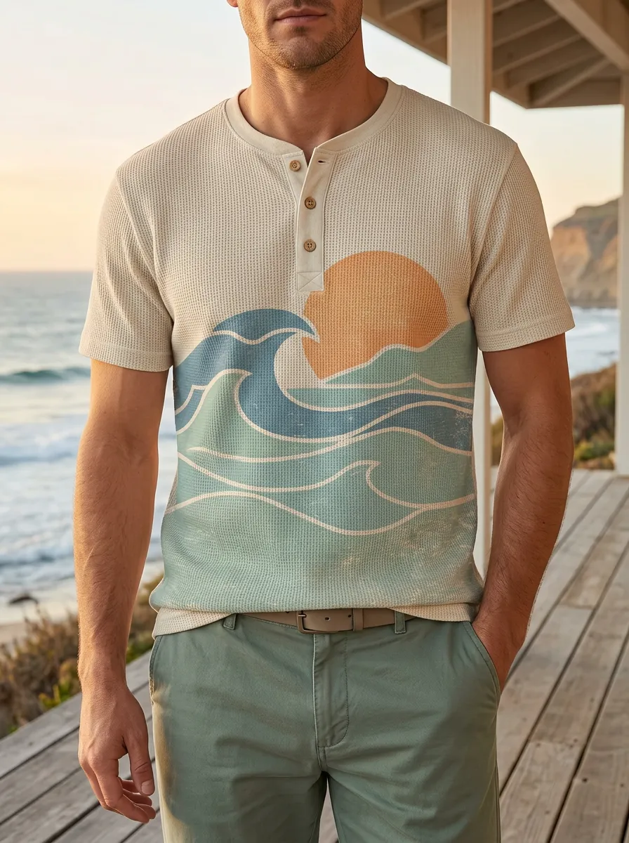 Men's Classic Beach Lover Ocean Wave Sunset Henley T-Shirt