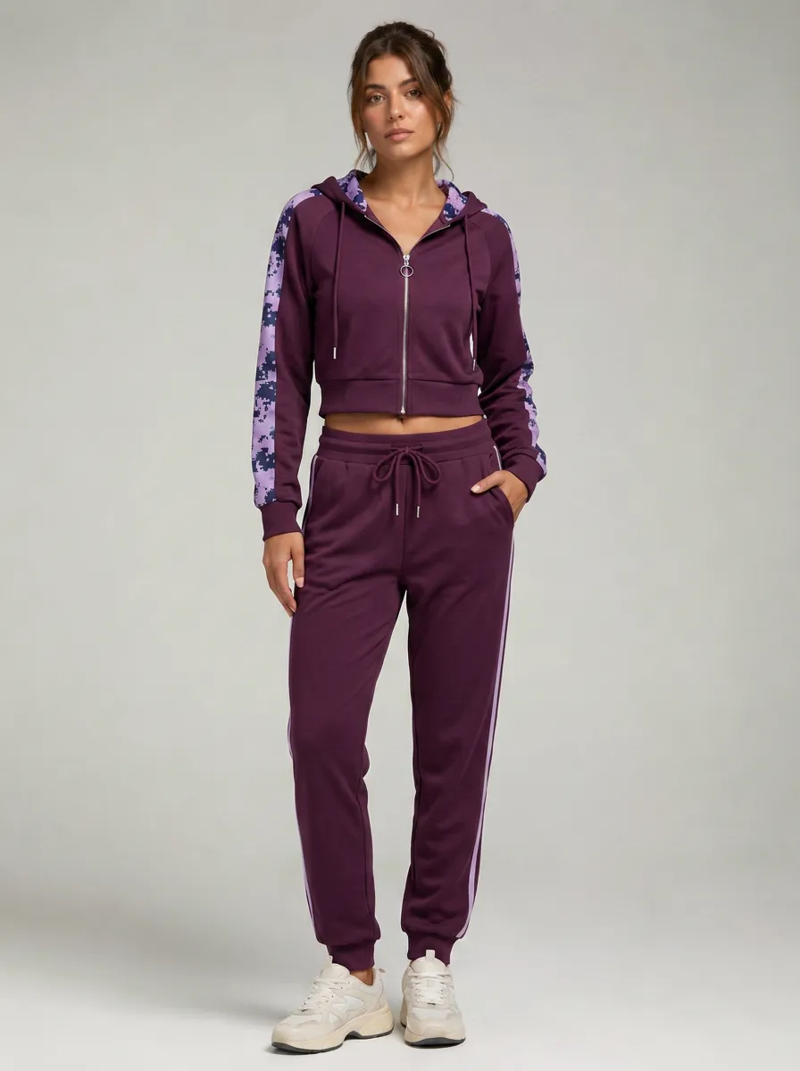 Women's Purple Camo Sleeve Printed Zip-up Hoodie Jogger Set