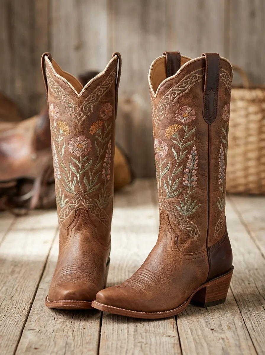 Ranch Floral Embroidered Pattern Unisex Western Cowboy Boots