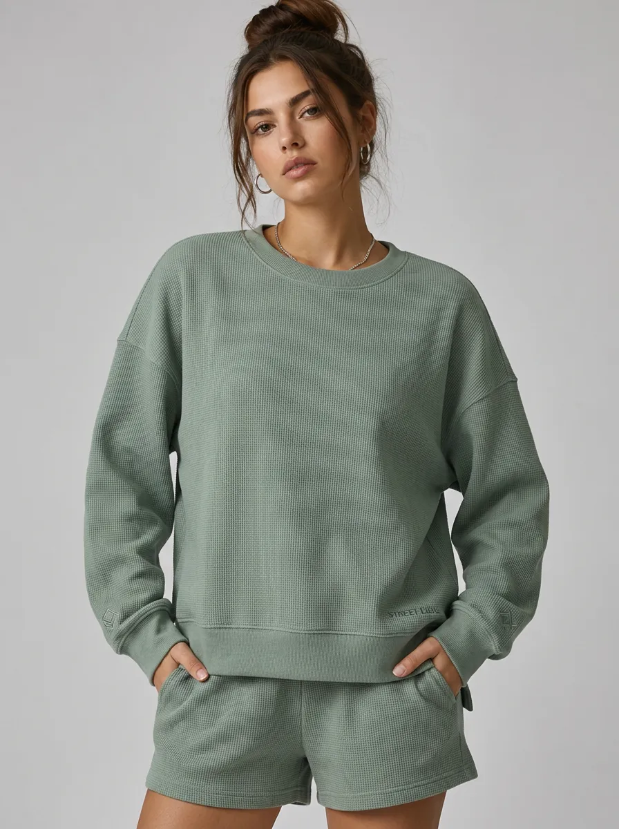 Women's Casual Streetwear Sage Green Waffle Knit Printed Sweatshirt