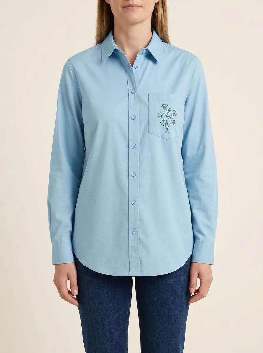 Women's Wildflower-Embroidered Single-Pocket Button-Up Shirt