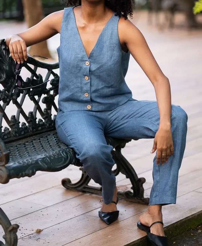 Denim Blue Heavy Linen Matching Set with Waistcoat & Panelled Pants