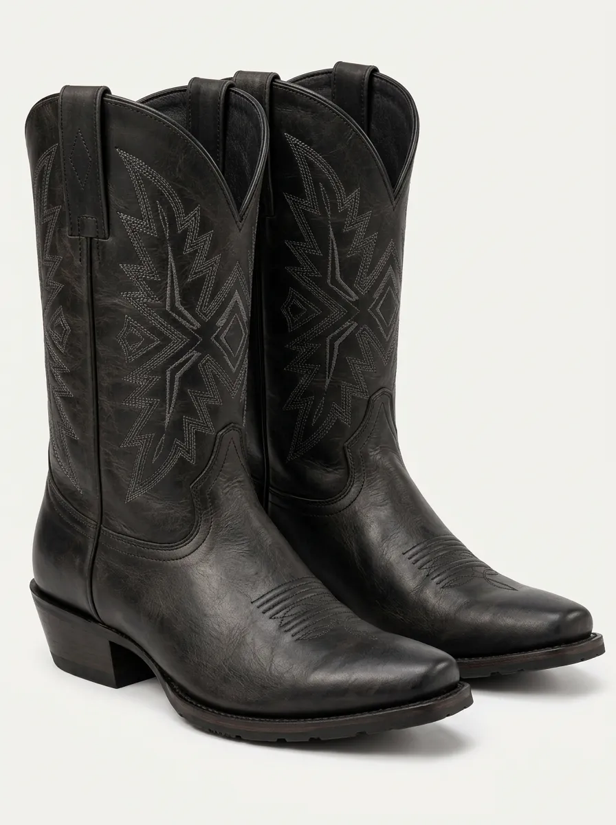 Men's Black Leather Cowboy Boots with Ornamental Stitching