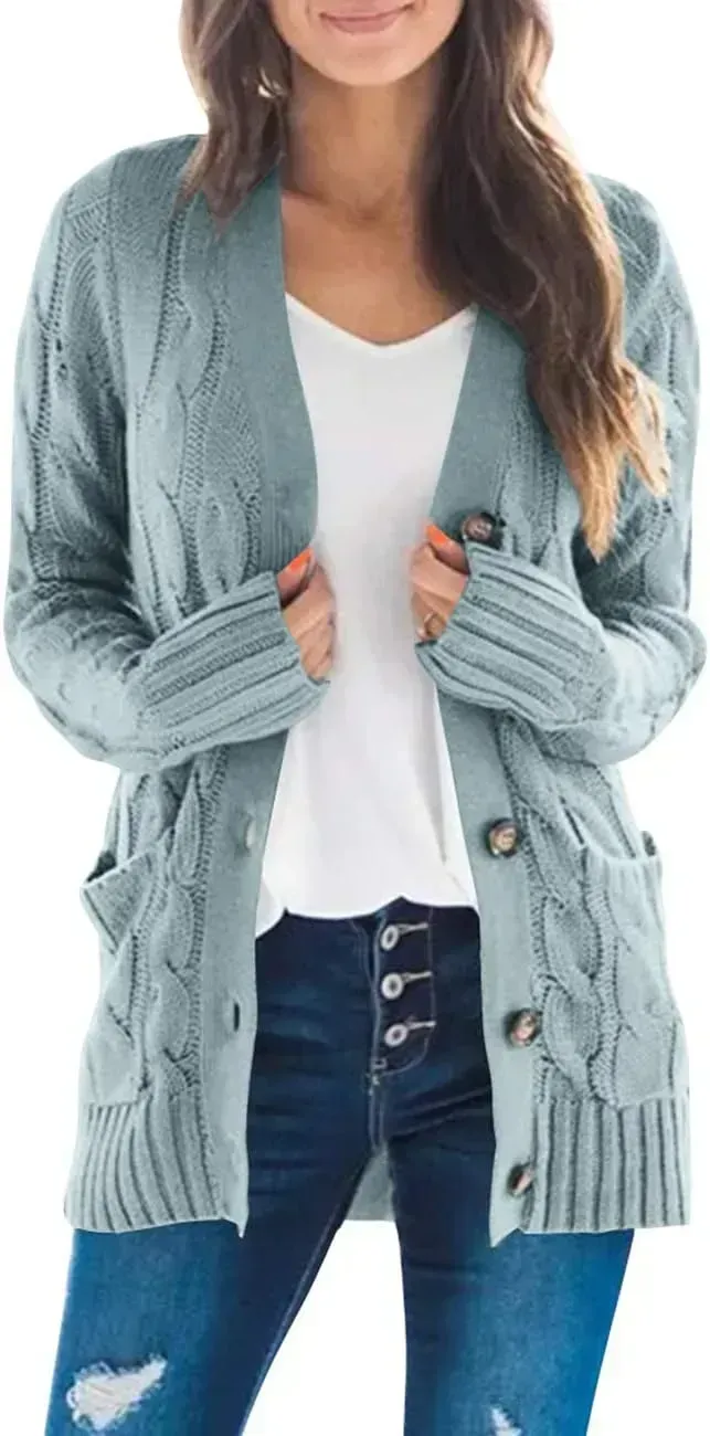 MEROKEETY Women's 2024 Fall Long Sleeve Cable Knit Sweater Open Front Cardigan Button Loose Outerwear
