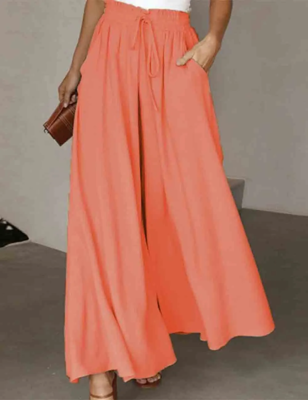 Elastic Waist Tie Wide Leg Pants