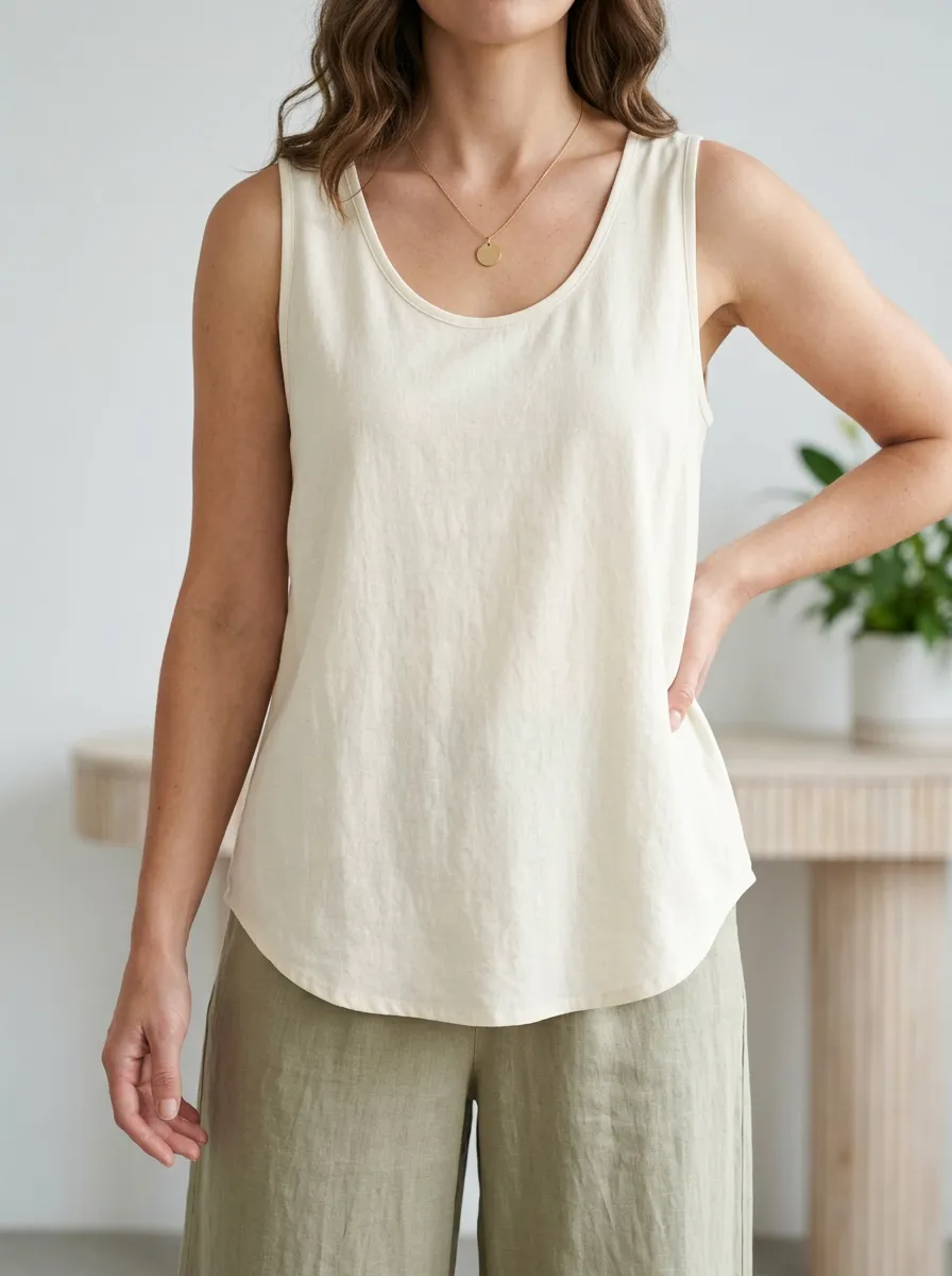 Women's Casual Scoop Neck Wide Strap Curved Hem Tank Top