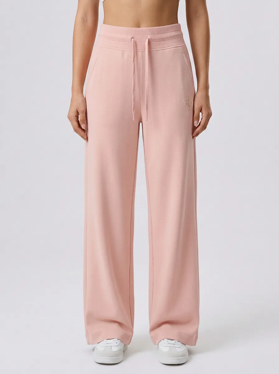 Women's Minimalist Beige Small Flower Embroidered Wide Leg Sweatpants