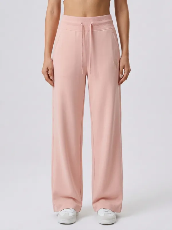 Women's Minimalist Beige Small Flower Embroidered Wide Leg Sweatpants