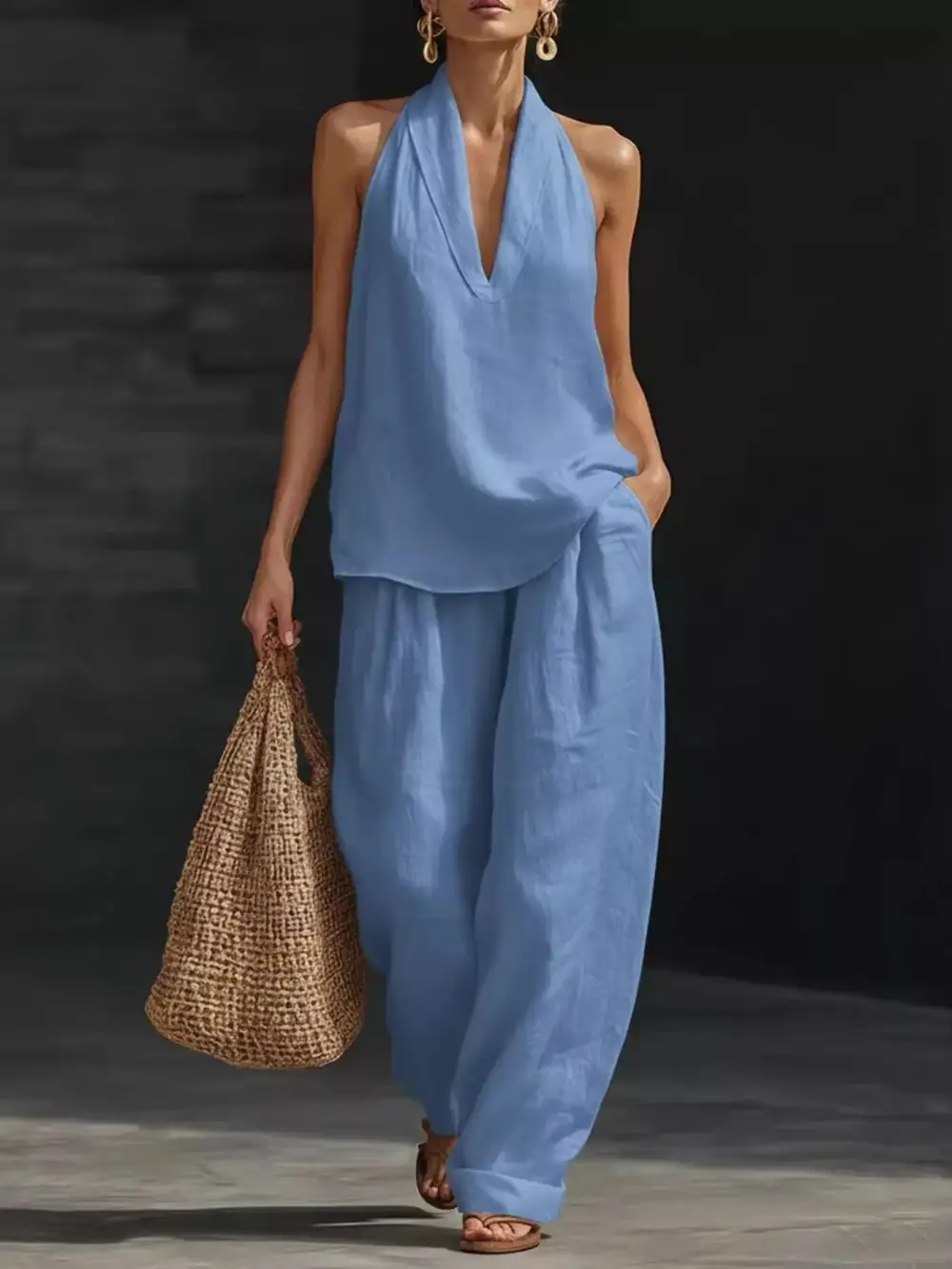 Halter Neck Top and Wide Leg Pants Set