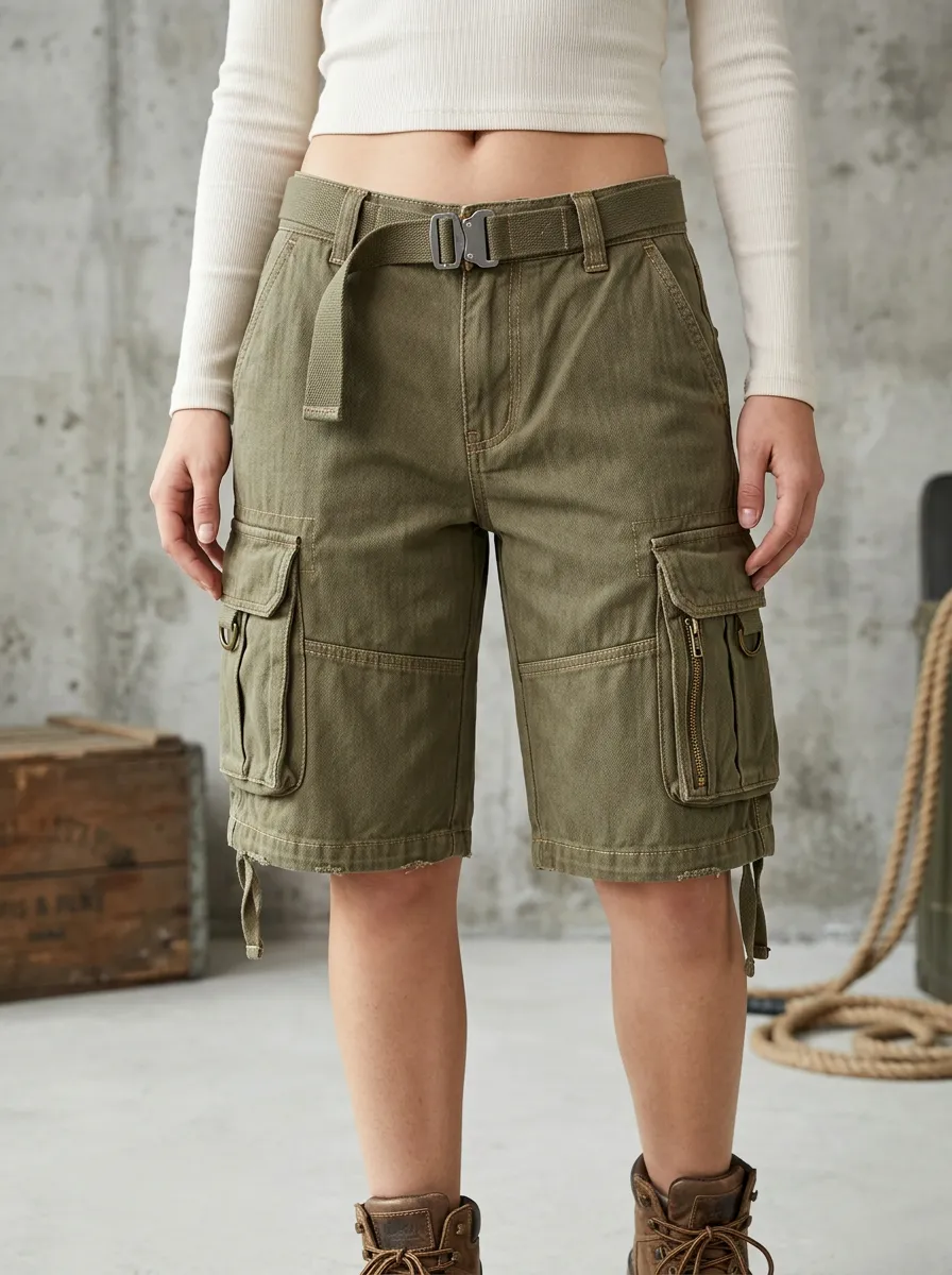 Women's Olive Green Tactical Multi-Pocket Cargo Shorts