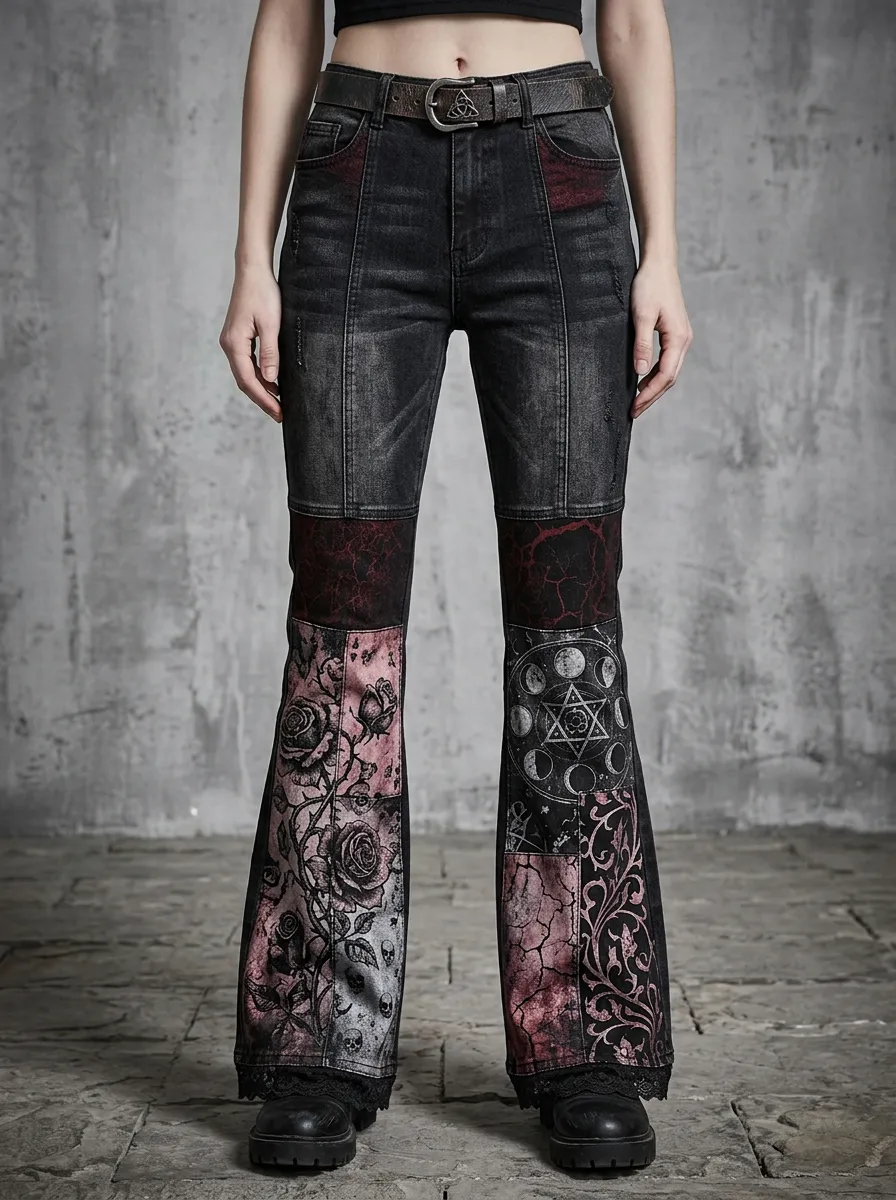 Dark Rose Moon Patchwork Gothic Edit Women's Gothic Flare Pants