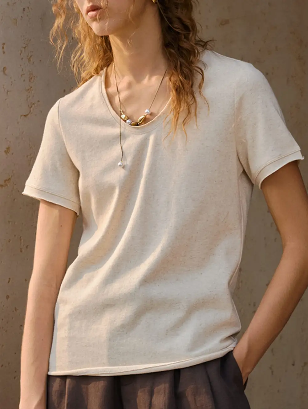 Linen Blend V Neck Knit Tee