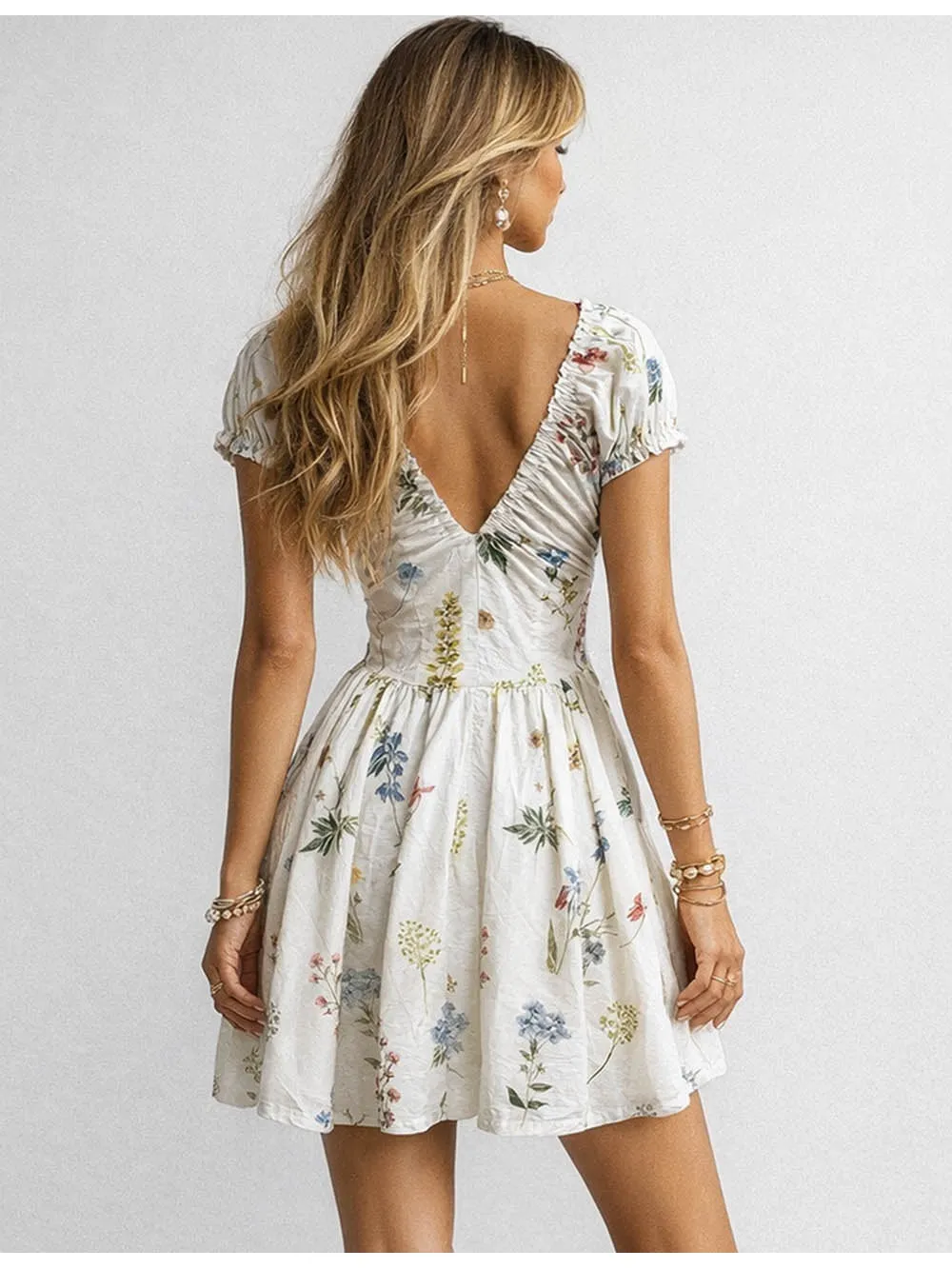 V Neck Short Sleeves Ruched Mini Dress