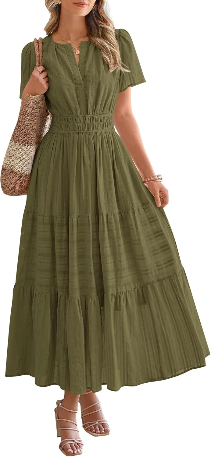 HOT SALE Womens Summer Lightweight Short Sleeve V Casual Midi Maxi Dresses