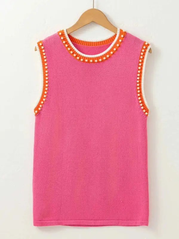 Contrast Trim Pearl Detail Sweater Tank Top