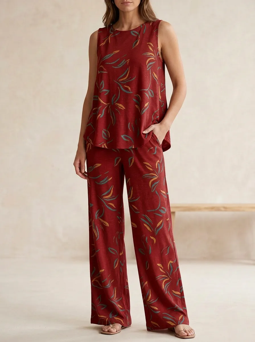 Women's Abstract Leaf Print Relaxed Top And Wide-Leg Trouser Lounge Set