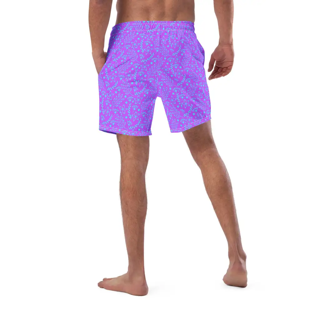 Elastic Waist Drawcord Floral Print Swim Trunks