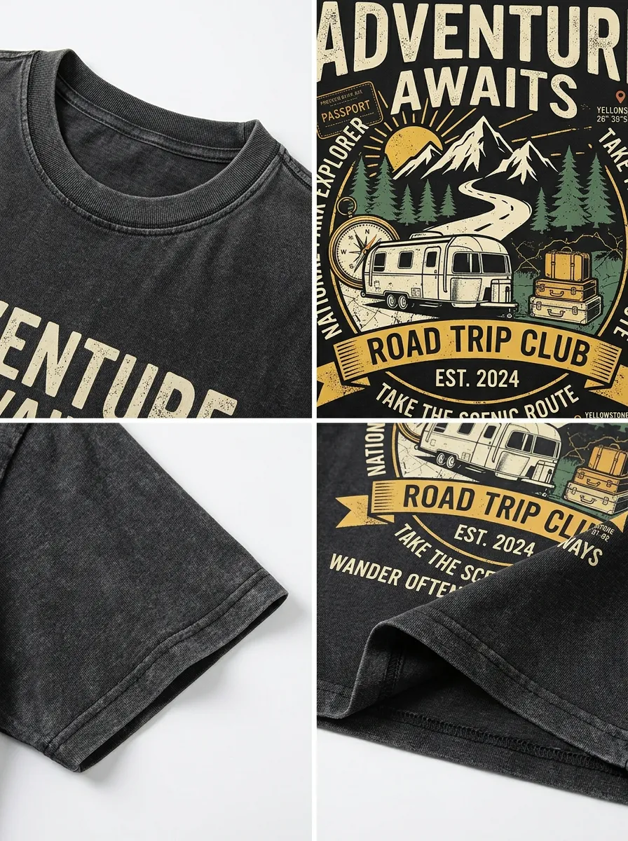 Unisex Road Trip Lover Adventure Awaits Camper Printed T-shirt