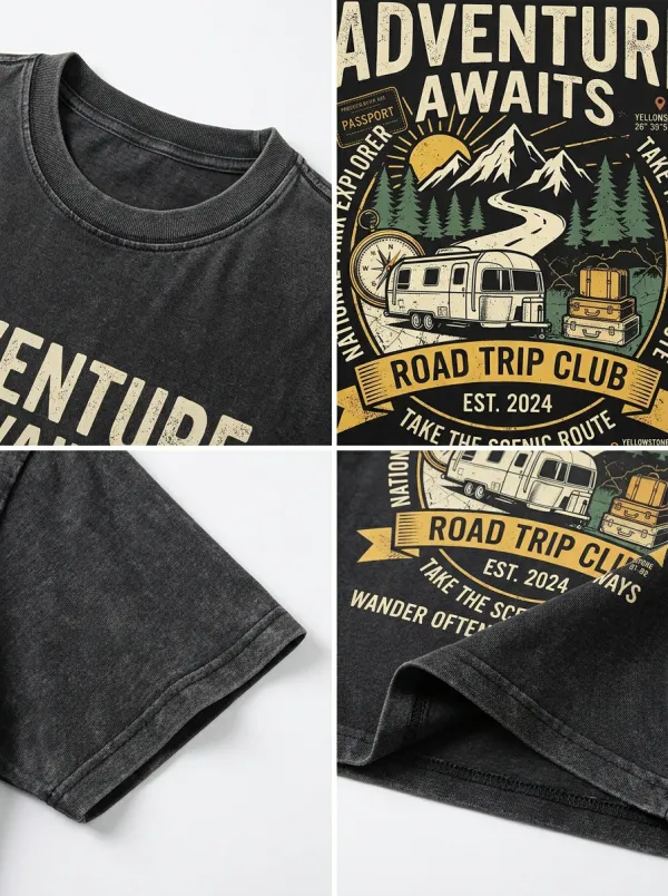 Unisex Road Trip Lover Adventure Awaits Camper Printed T-shirt
