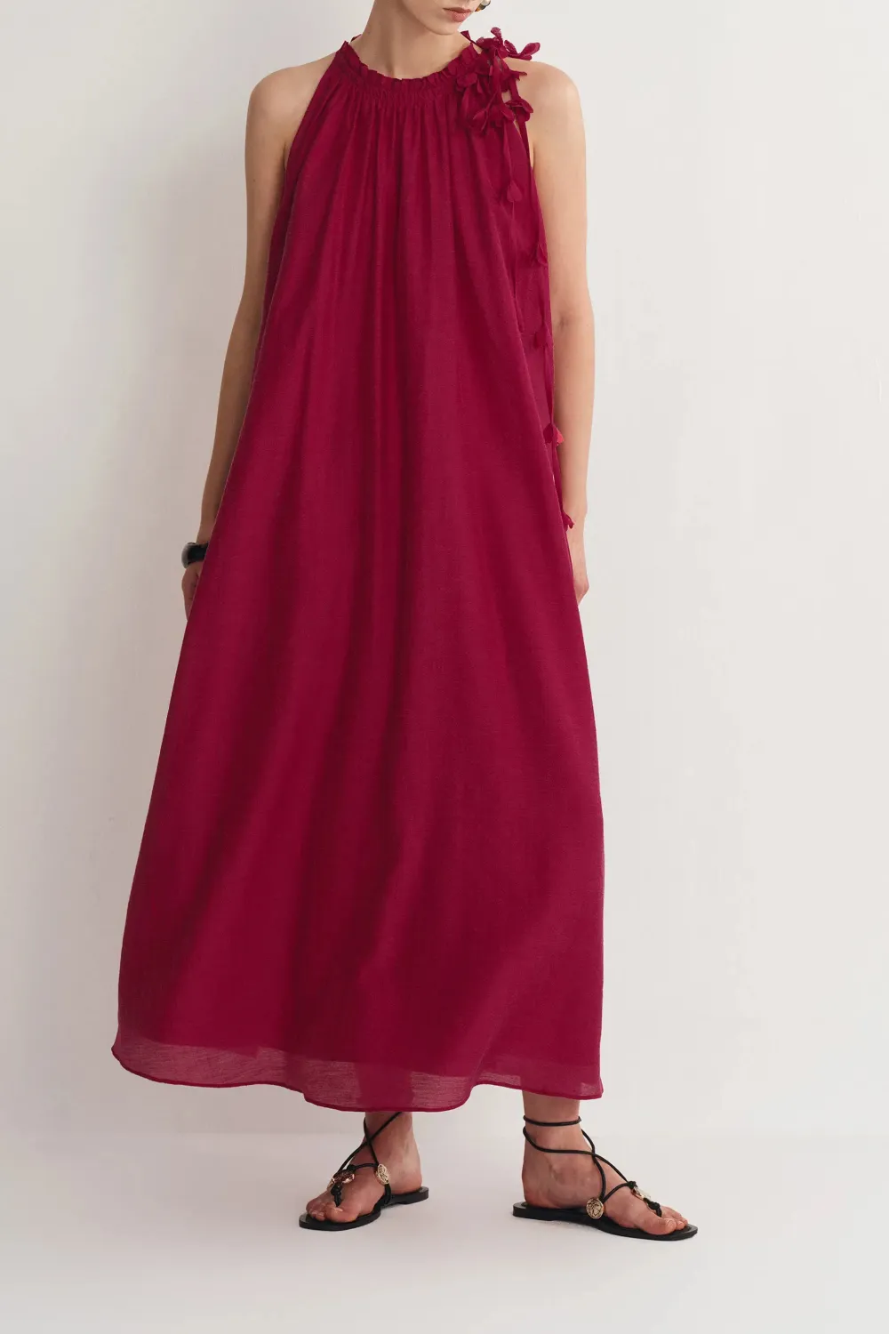 Sleeveless Handcrafted Floral Linen Blend Maxi Dress